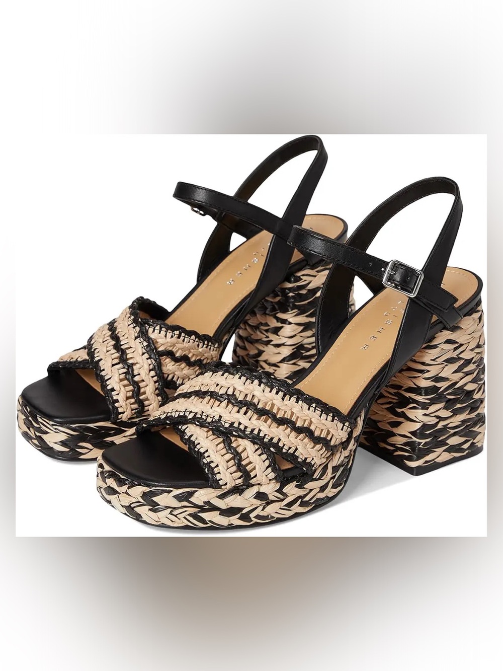 Marc Fisher Black and Natural Woven Platform Sandals